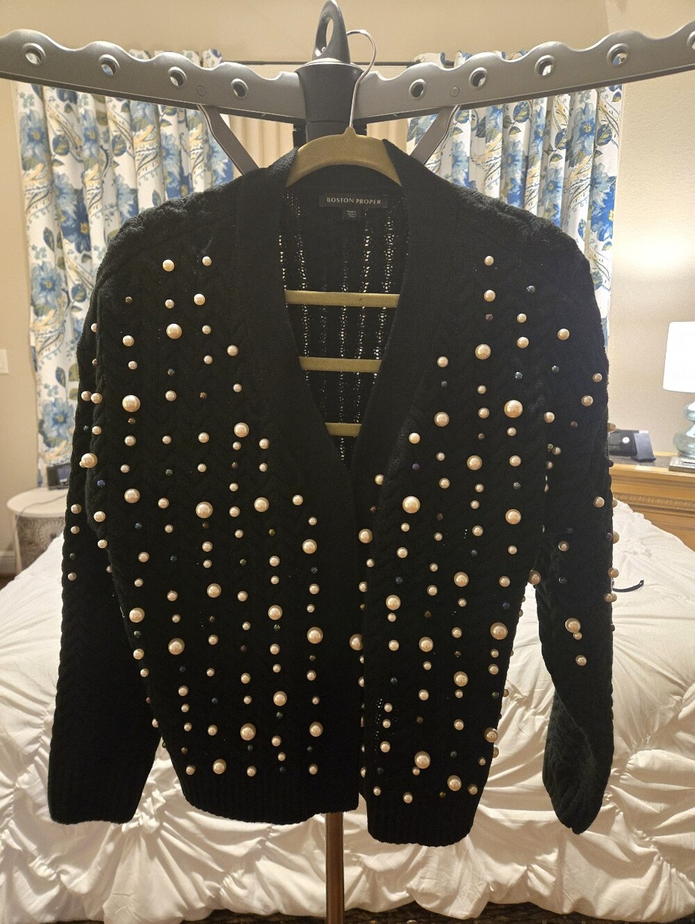 Boston Proper Black Pearl-Embellished Knit Cardigan